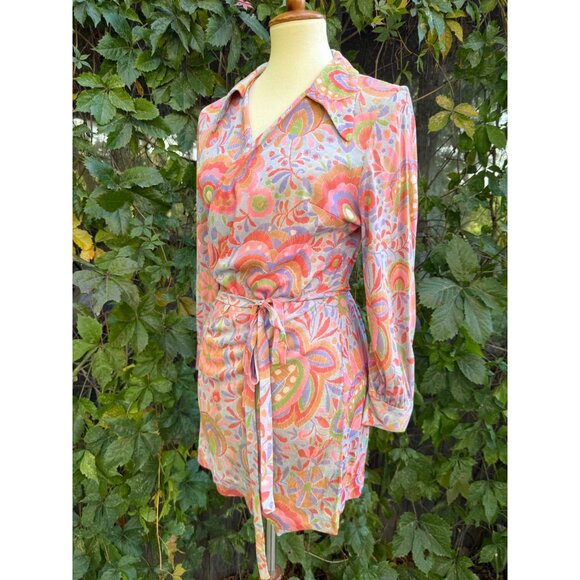 70s Rainbow Floral Psychedelic Tunic Wrap Dress Dagger Collar Volup - Picture 4 of 13